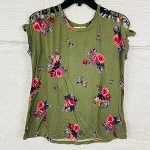Wishful Park Olive green Floral stretch open cross shoulder Blouse size large